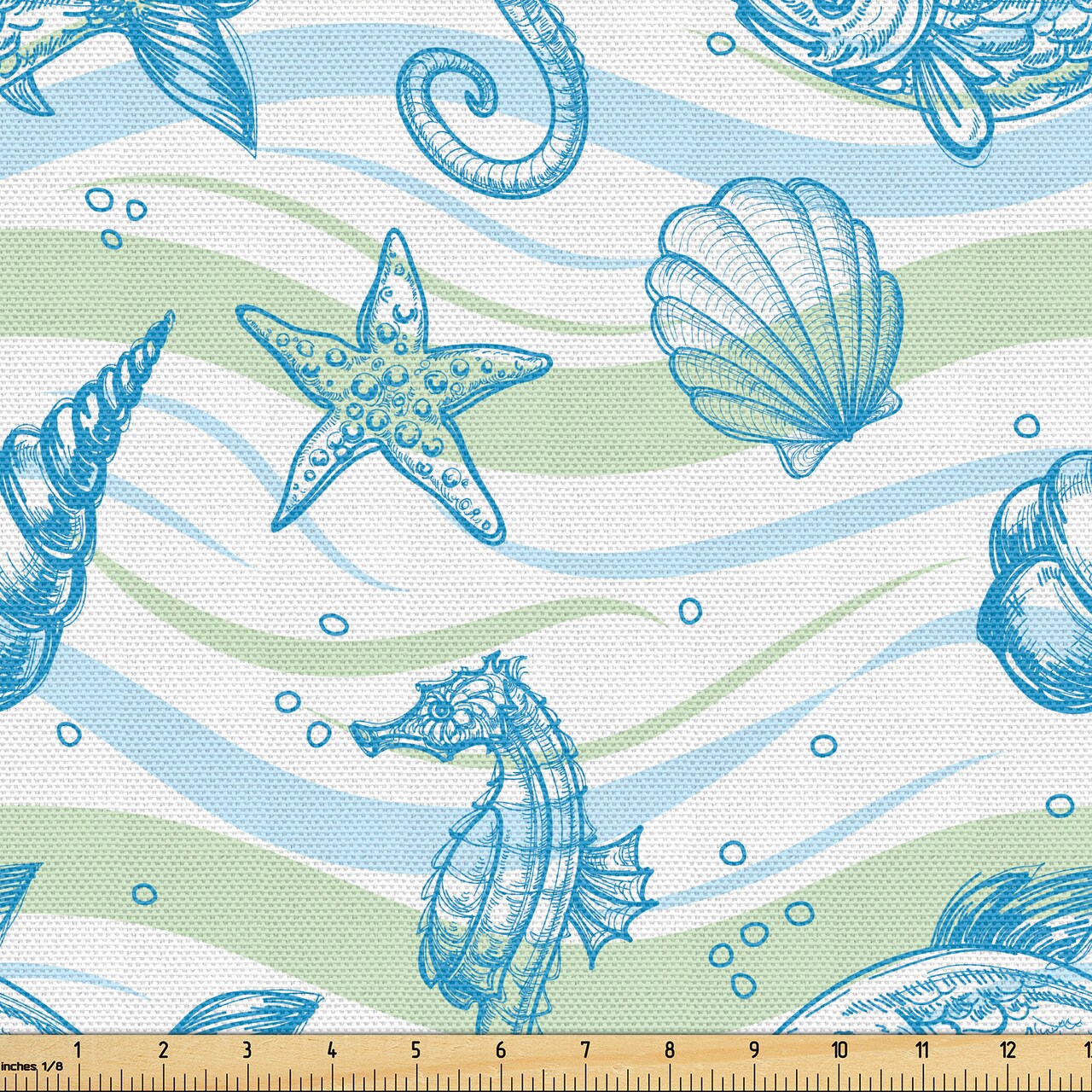 Ambesonne Nautical Fabric by The Yard, Marine Ocean Shell Starfish Oyster Mollusk Sea Horse Underwater Aquatic Pattern, Decorative Fabric for Upholstery and Home Accents, 2 Yards, Mint Blue